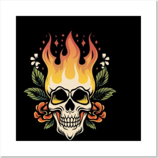 Flaming Skull Vintage Tattoo Posters and Art